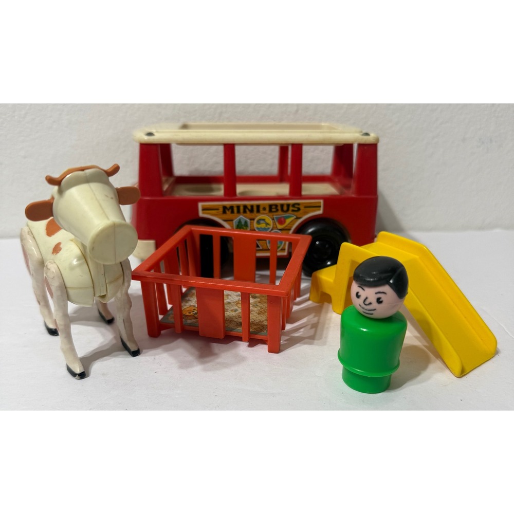 Vintage Fisher Price Little People Mini-Bus FP-141 Cow Figure Slide LOT 1969-72
